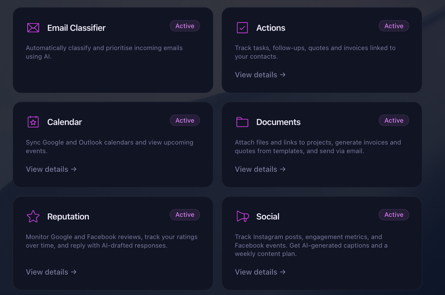 Dashboard module overview showing all active modules